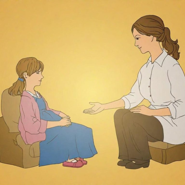 Therapeutic and mentoring A woman sitting with a girl, offering her a reassuring gesture in a warm setting.