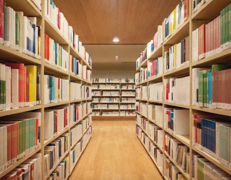 Library A view down a library aisle lined with shelves of colourful books.
