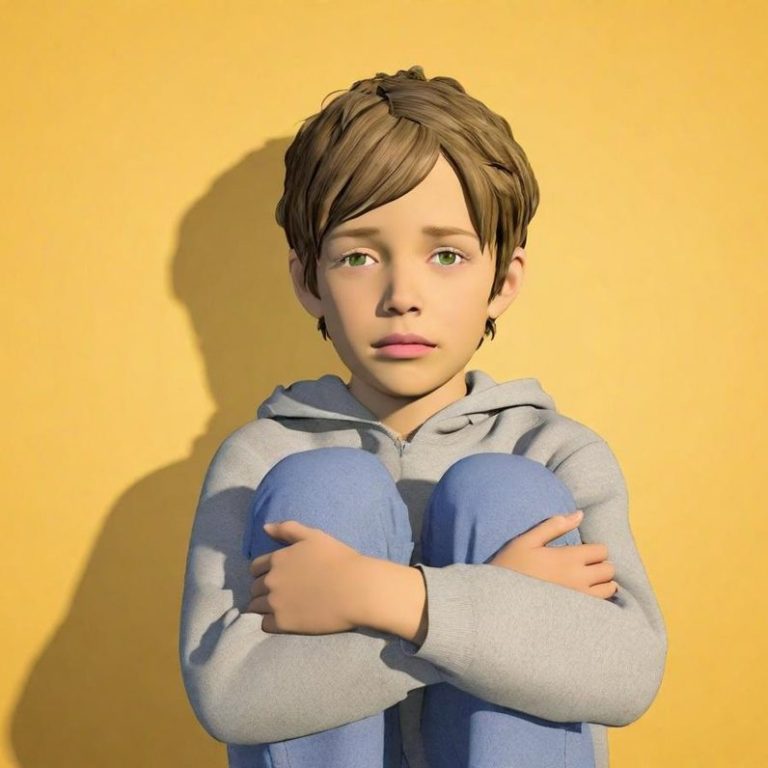 Trauma informed A worried boy sits with his arms hugged around his knees, against a yellow background.